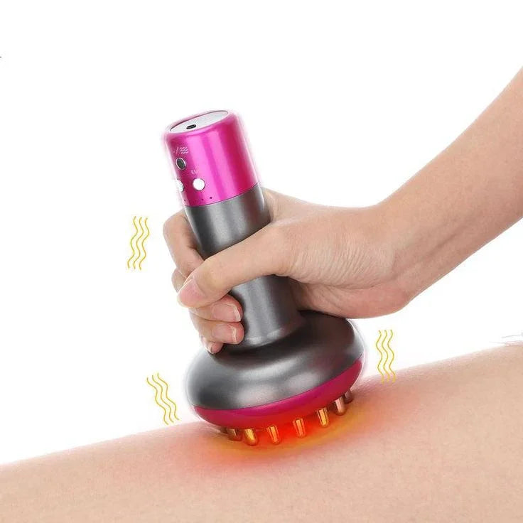 Handheld electric massager with pink and gray body applying heat and vibration therapy on skin