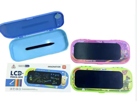 Three colorful LCD writing tablet pencil boxes in blue, pink, and green with math and drawing designs
