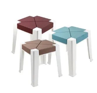 Set of three modern triangular stools with white legs and red, blue, and brown cushioned seats