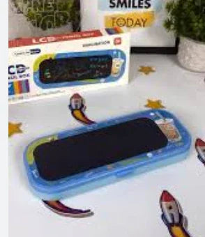 Blue rectangular digital alarm clock on a white surface with rocket and star patterns, packaging in background