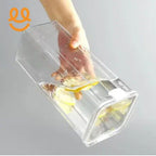 Hand holding transparent rectangular water pitcher with lemon slices in clear water against plain background