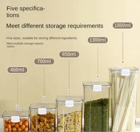 Five clear plastic storage containers with white clips in sizes 460ml, 700ml, 950ml, 1300ml, and 1800ml holding various dry foods