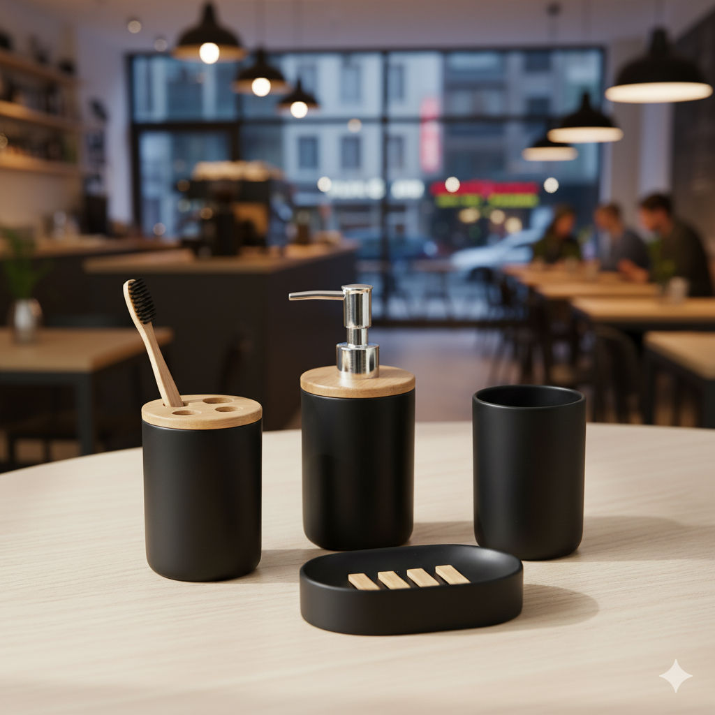 1pc Lotion Dispenser/4pcs Black Bathroom Accessories Set,Plastic Toothbrush Holder with Bamboo Cover,Toothbrush Cup, Soap Dish