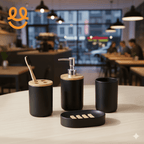 1pc Lotion Dispenser/4pcs Black Bathroom Accessories Set,Plastic Toothbrush Holder with Bamboo Cover,Toothbrush Cup, Soap Dish