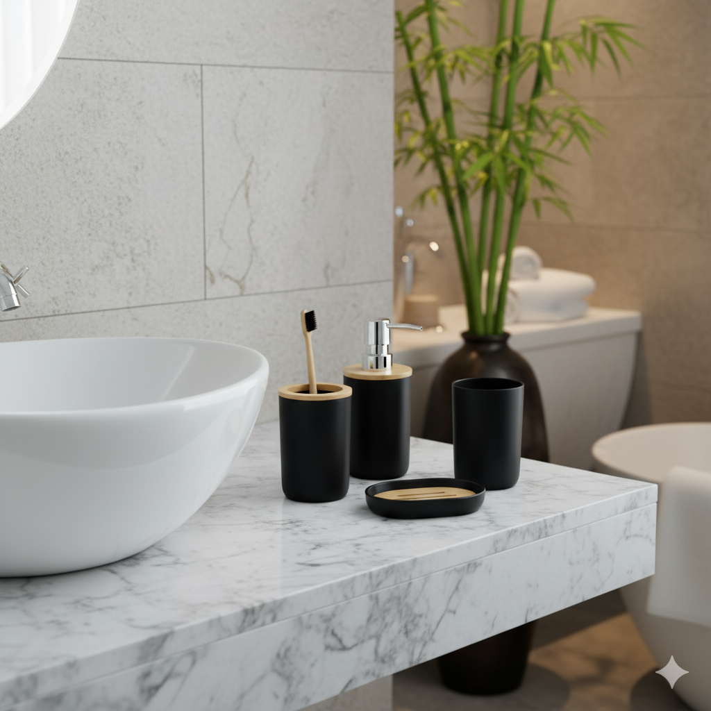 1pc Lotion Dispenser/4pcs Black Bathroom Accessories Set,Plastic Toothbrush Holder with Bamboo Cover,Toothbrush Cup, Soap Dish