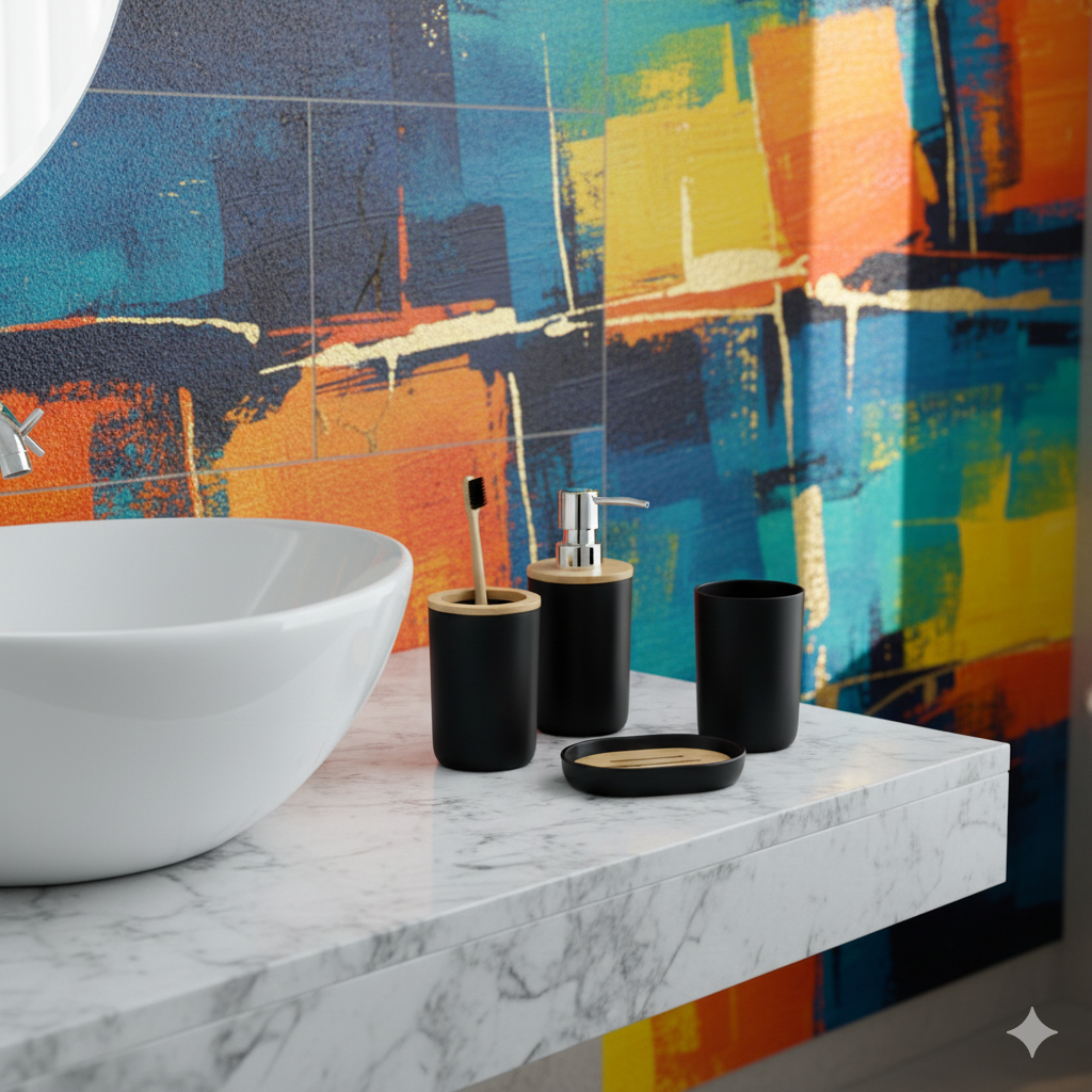 1pc Lotion Dispenser/4pcs Black Bathroom Accessories Set,Plastic Toothbrush Holder with Bamboo Cover,Toothbrush Cup, Soap Dish