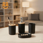 1pc Lotion Dispenser/4pcs Black Bathroom Accessories Set,Plastic Toothbrush Holder with Bamboo Cover,Toothbrush Cup, Soap Dish