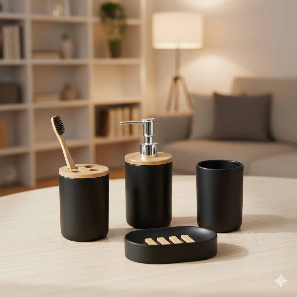 1pc Lotion Dispenser/4pcs Black Bathroom Accessories Set,Plastic Toothbrush Holder with Bamboo Cover,Toothbrush Cup, Soap Dish
