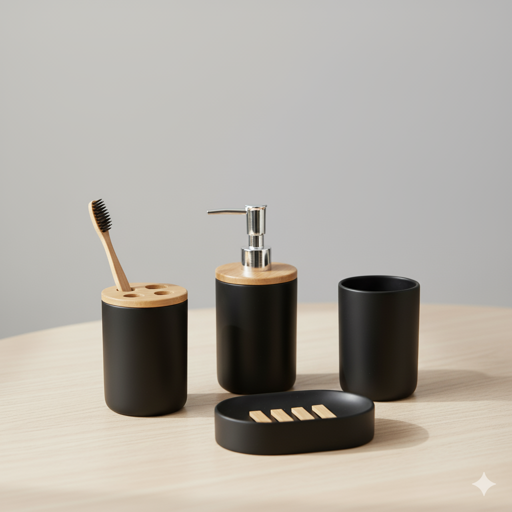 1pc Lotion Dispenser/4pcs Black Bathroom Accessories Set,Plastic Toothbrush Holder with Bamboo Cover,Toothbrush Cup, Soap Dish
