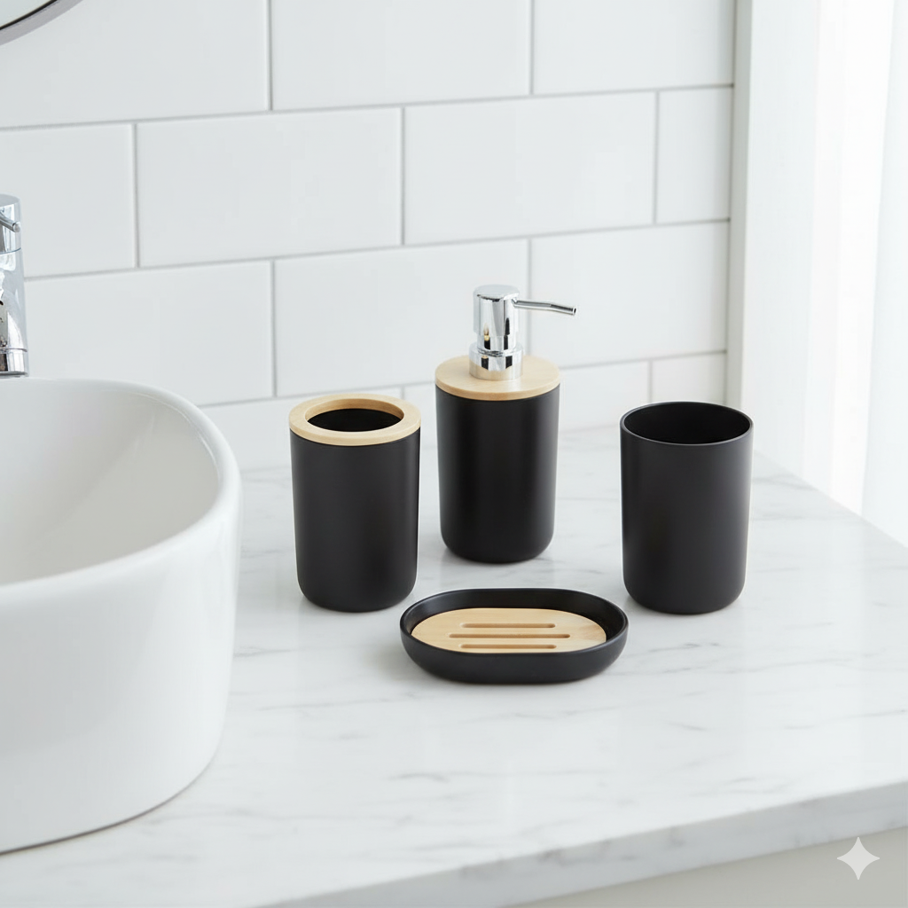 1pc Lotion Dispenser/4pcs Black Bathroom Accessories Set,Plastic Toothbrush Holder with Bamboo Cover,Toothbrush Cup, Soap Dish