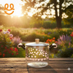 “High Borosilicate Glass Pot with Wooden Handles and Floral Design”