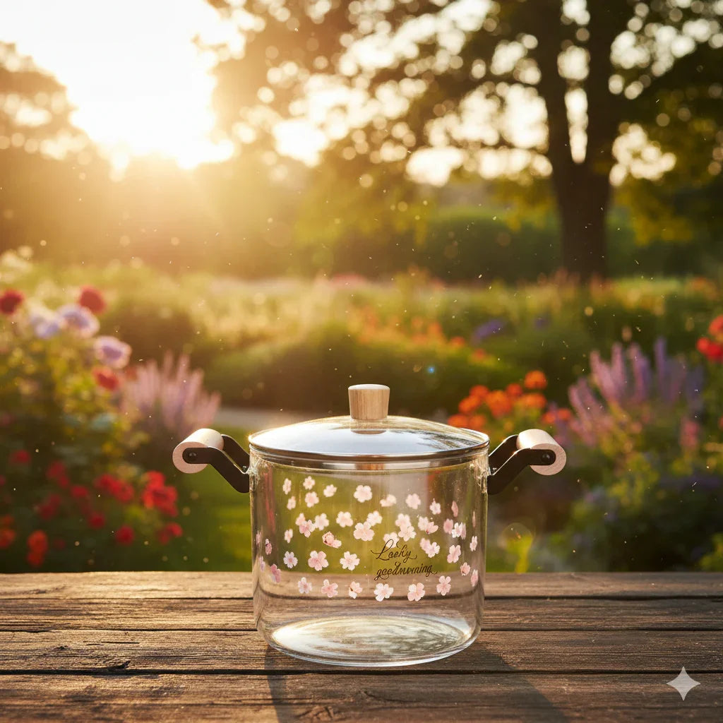 “High Borosilicate Glass Pot with Wooden Handles and Floral Design”