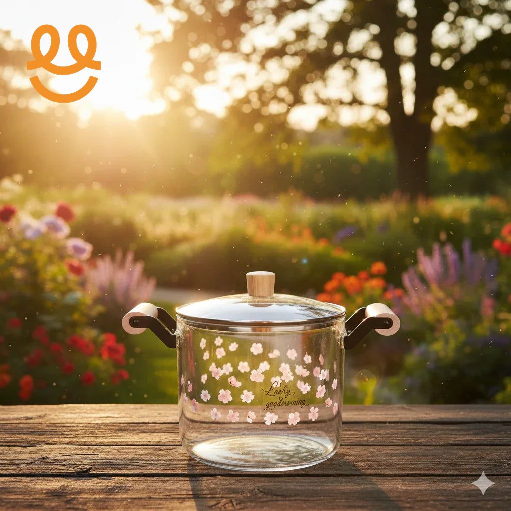 “High Borosilicate Glass Pot with Wooden Handles and Floral Design”