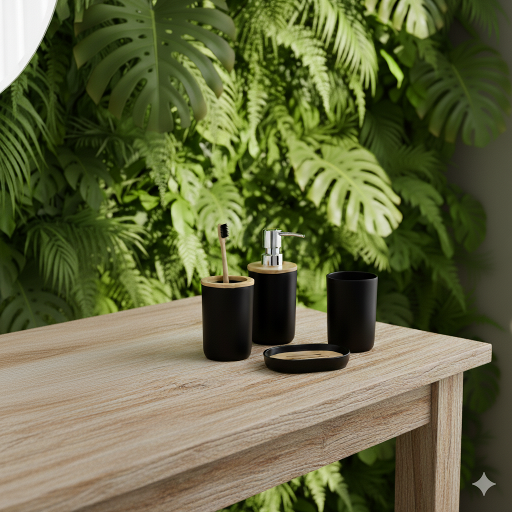 1pc Lotion Dispenser/4pcs Black Bathroom Accessories Set,Plastic Toothbrush Holder with Bamboo Cover,Toothbrush Cup, Soap Dish