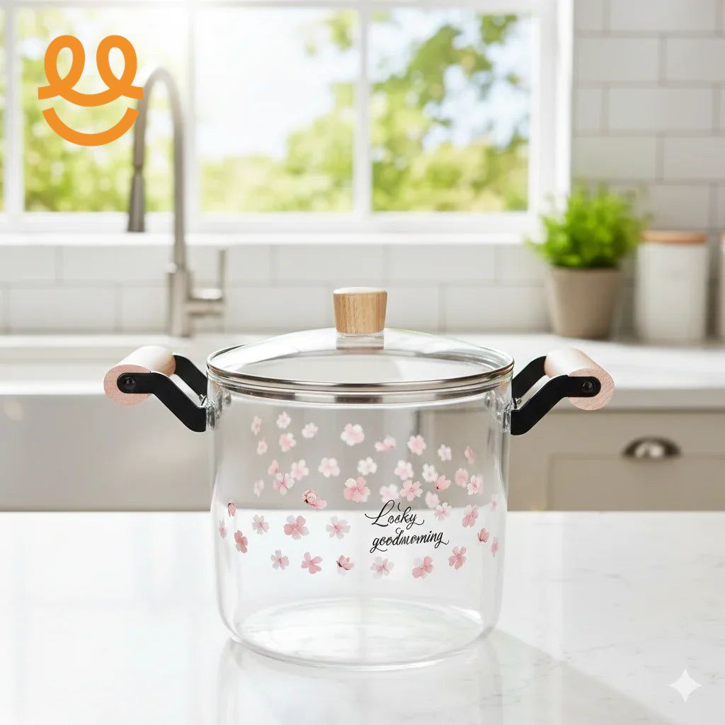 “High Borosilicate Glass Pot with Wooden Handles and Floral Design”
