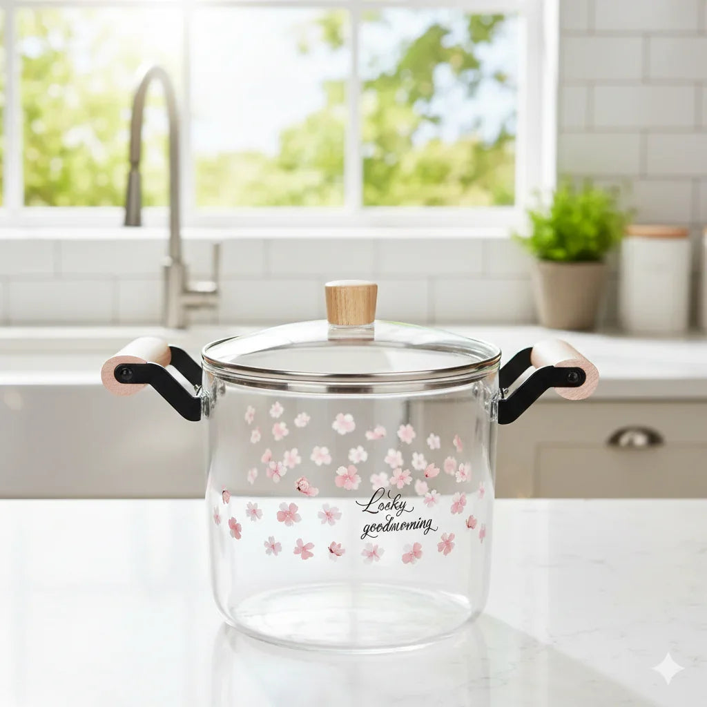 “High Borosilicate Glass Pot with Wooden Handles and Floral Design”