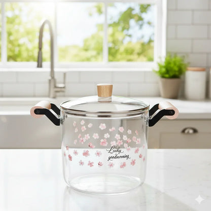 “High Borosilicate Glass Pot with Wooden Handles and Floral Design”