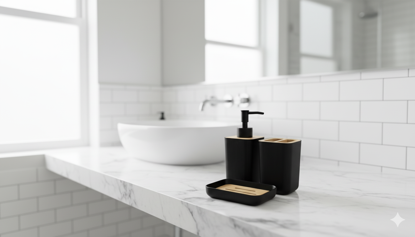 bathroom Black Accessories Set Hand Soap Bottle with Storage Cup for Toothbrush Toothpaste Razor Holder Countertop Elegant Decor