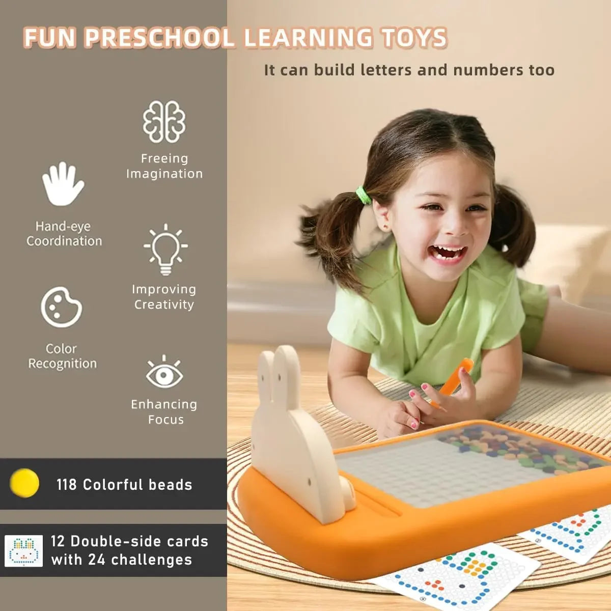 Smiling child playing with orange preschool learning toy featuring colorful beads and challenge cards