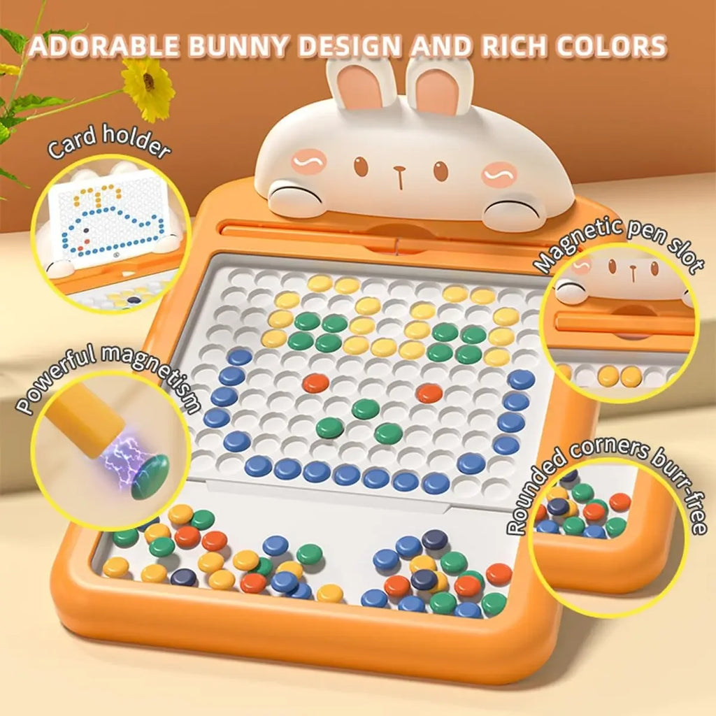 Orange magnetic mosaic board with adorable bunny design, colorful pegs, card holder, and pen slot
