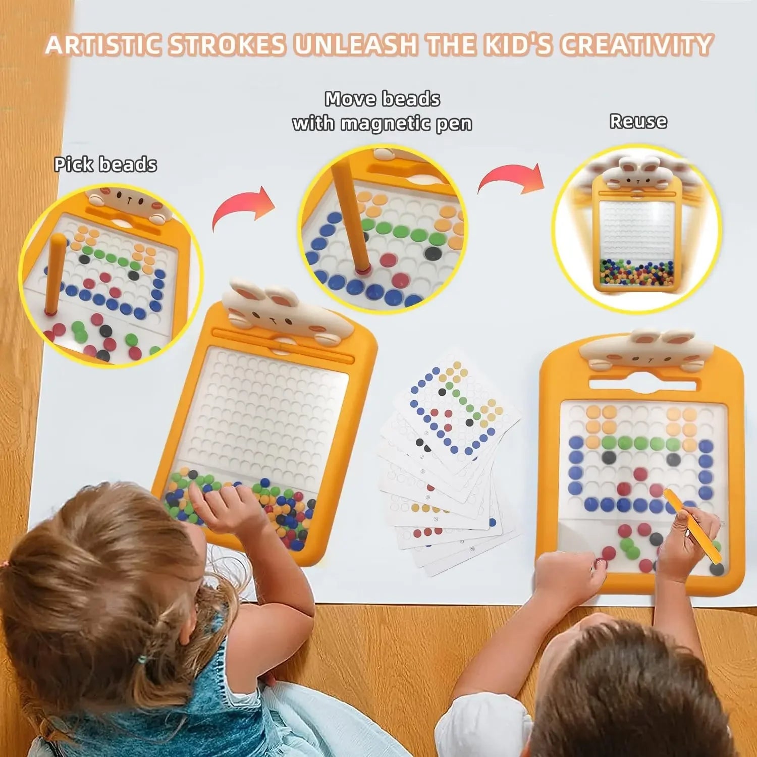 Two kids using a magnetic bead art board with colorful beads and pattern cards on a wooden floor