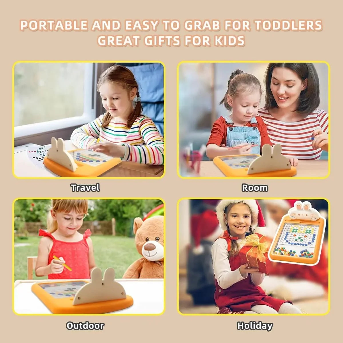 Kids playing with portable magnetic drawing toy for travel, room, outdoor, and holiday gifts