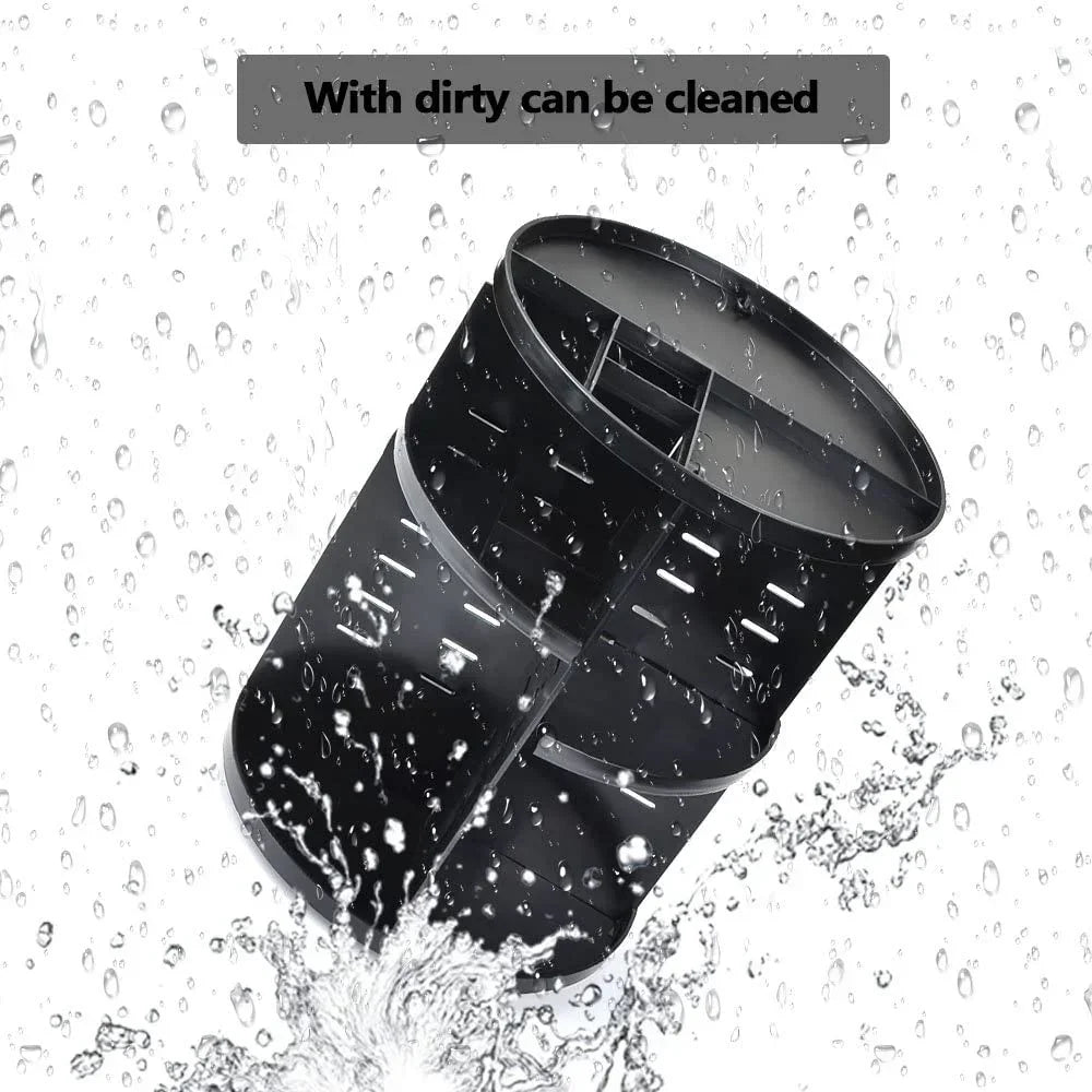 Black plastic cylindrical filter being rinsed with water, demonstrating easy cleaning