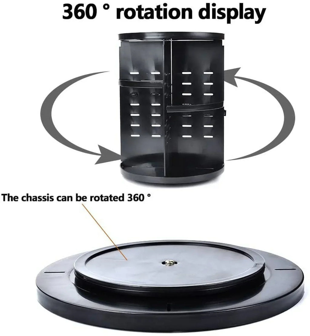 Black rotating display stand with 360-degree swivel base for product showcasing