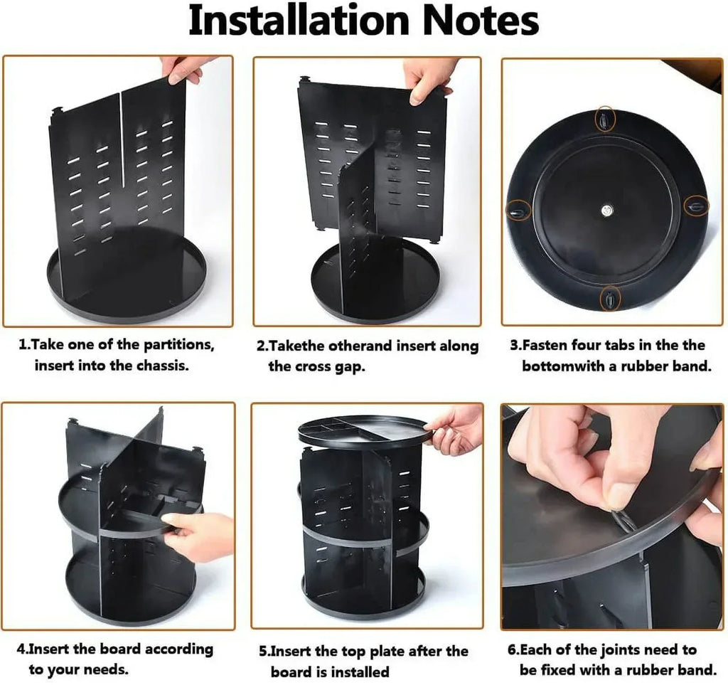 Step-by-step installation of a black plastic rotating storage organizer with partitions, top plate, and rubber band fixes