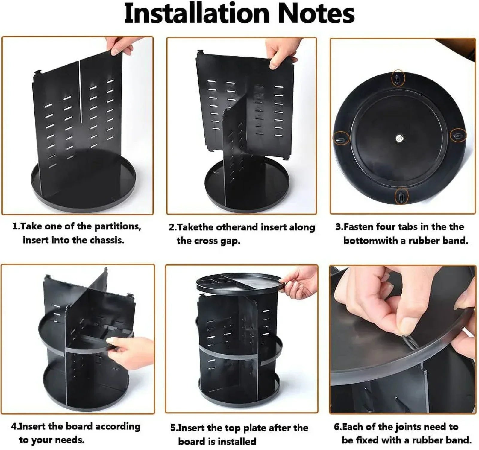 Step-by-step installation of a black plastic rotating storage organizer with partitions, top plate, and rubber band fixes