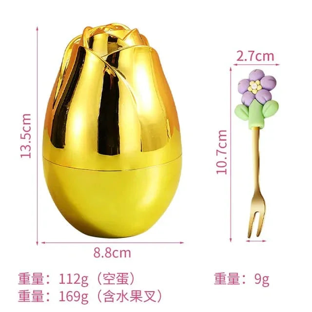 Golden rose-shaped container 13.5cm tall, 8.8cm wide with purple flower fork 10.7cm long, 2.7cm wide