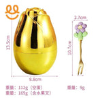 Golden rose-shaped container 13.5cm tall, 8.8cm wide with purple flower fork 10.7cm long, 2.7cm wide
