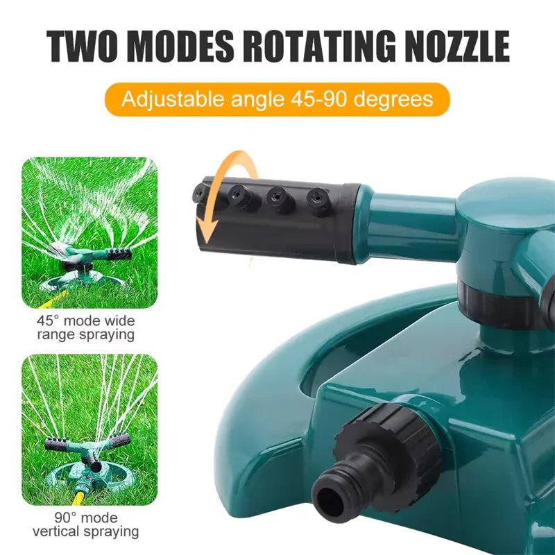 Two modes rotating garden sprinkler nozzle with adjustable 45-90 degrees angle for wide or vertical lawn watering