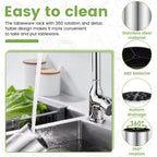 Stainless steel kitchen sink with water running, highlighting easy-to-clean rotating tableware rack