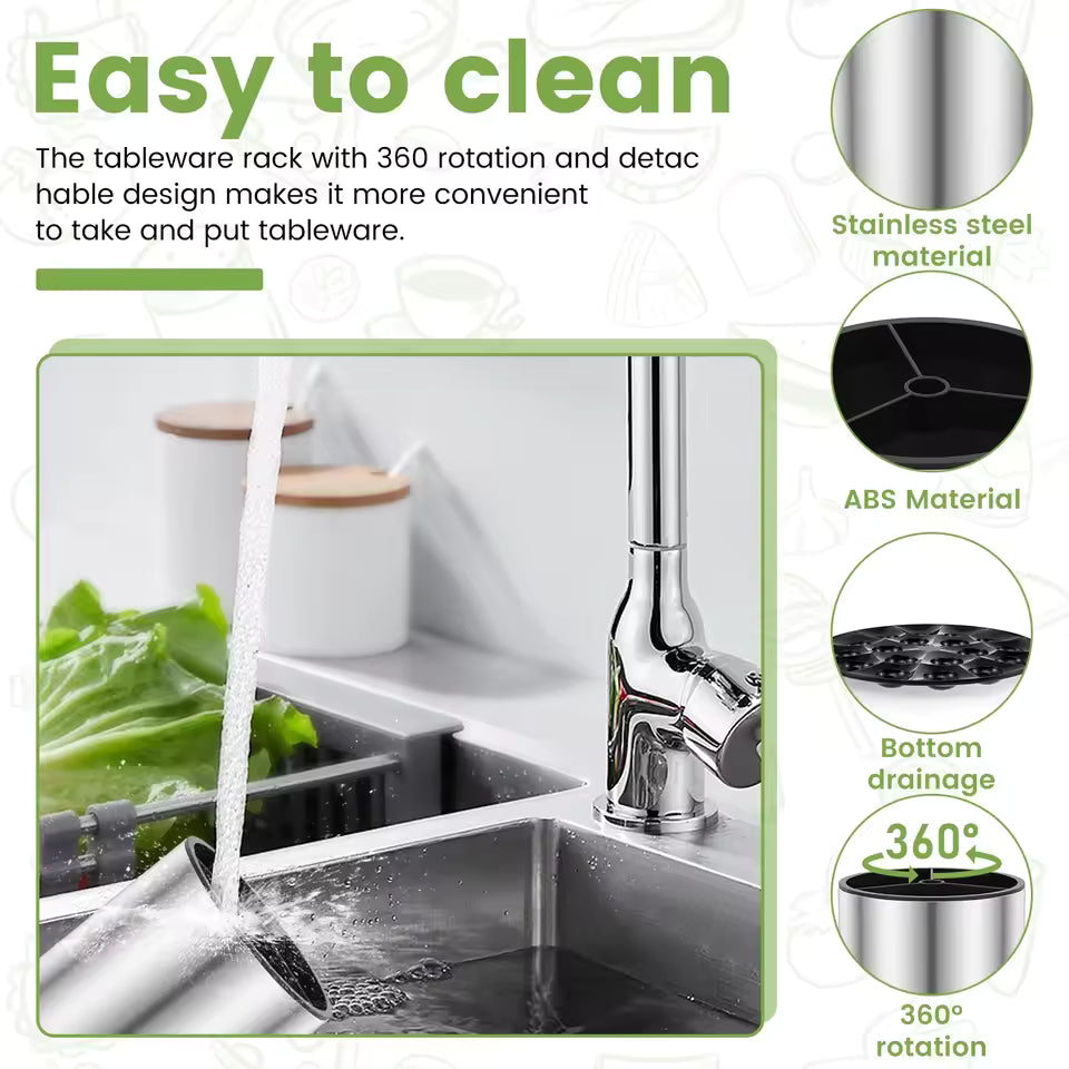 Stainless steel kitchen sink with water running, highlighting easy-to-clean rotating tableware rack