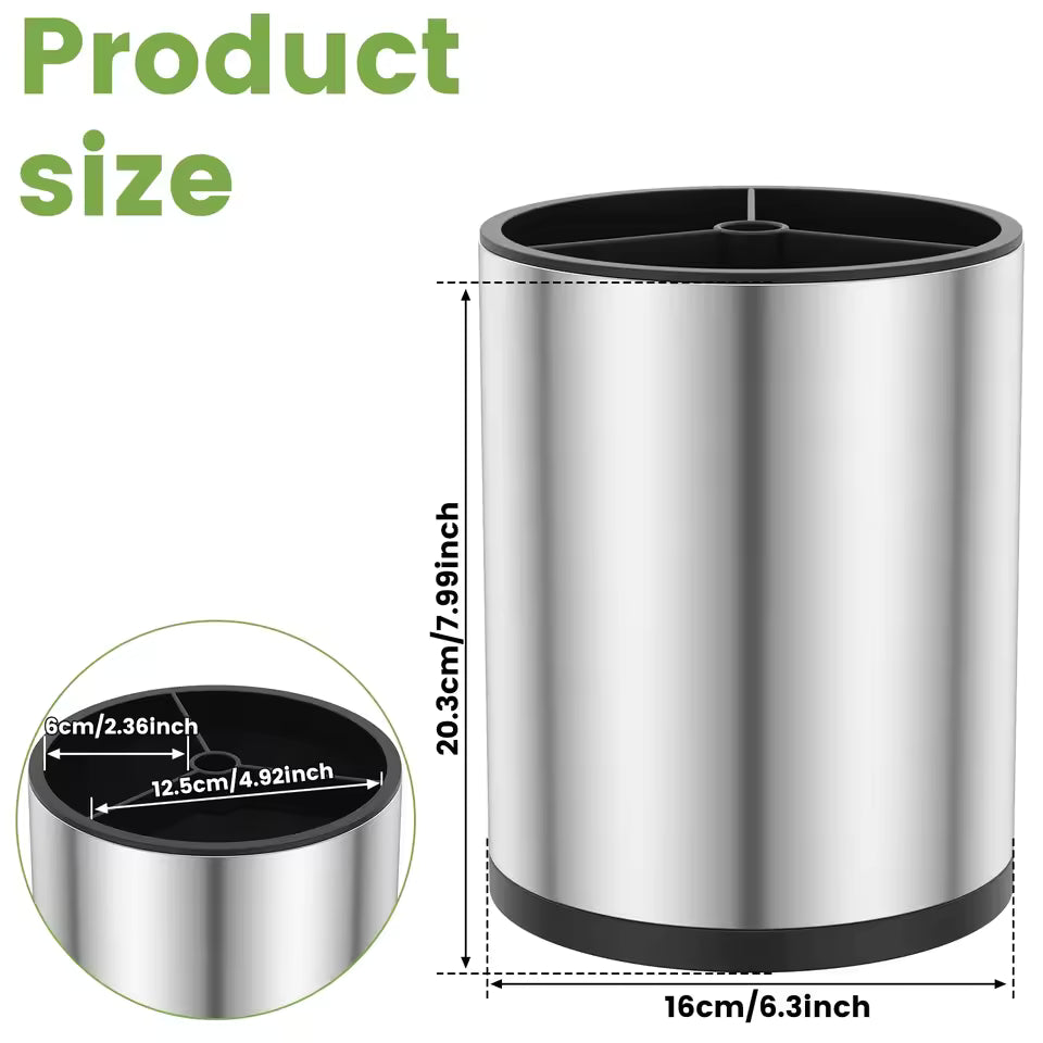 Stainless steel cylindrical container with black top and dimensions labeled for height and diameter