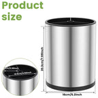 Stainless steel cylindrical container with black top and dimensions labeled for height and diameter