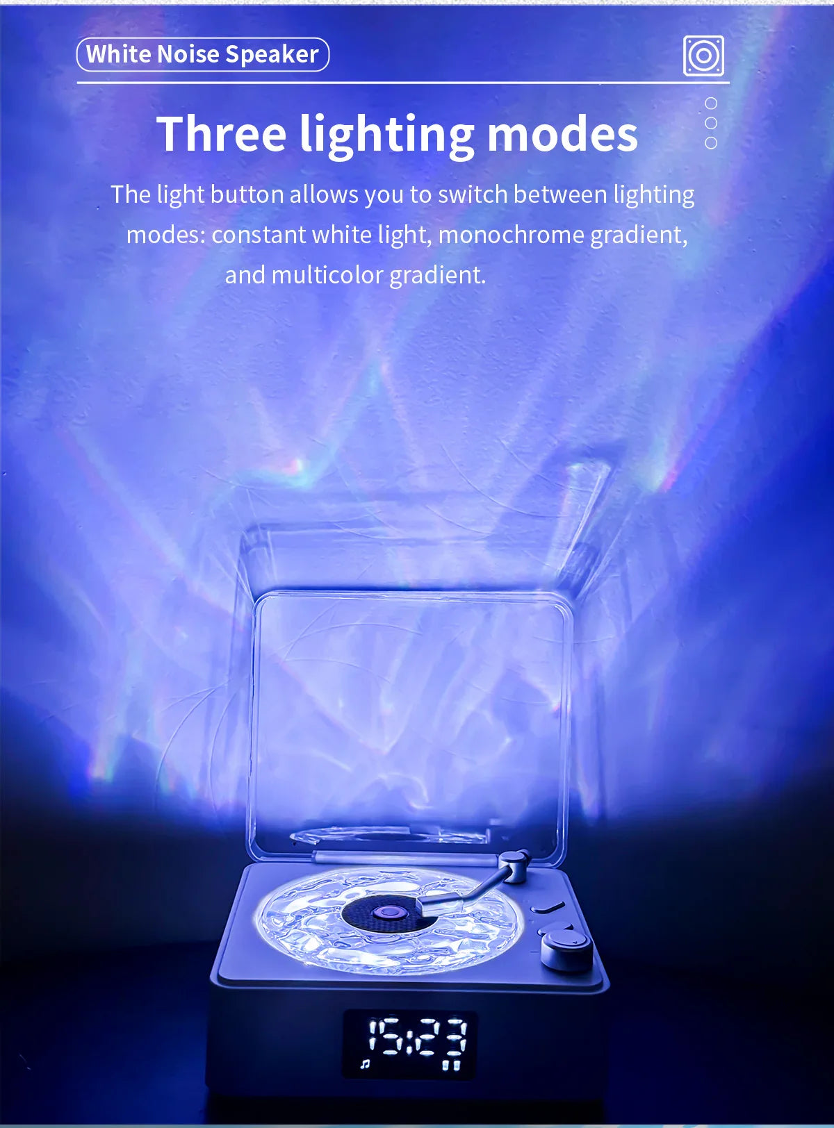 White noise speaker with three lighting modes projecting blue light patterns on wall, digital clock display