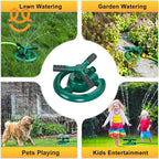 Green rotating sprinkler for lawn watering, garden watering, pet play, and kids' entertainment