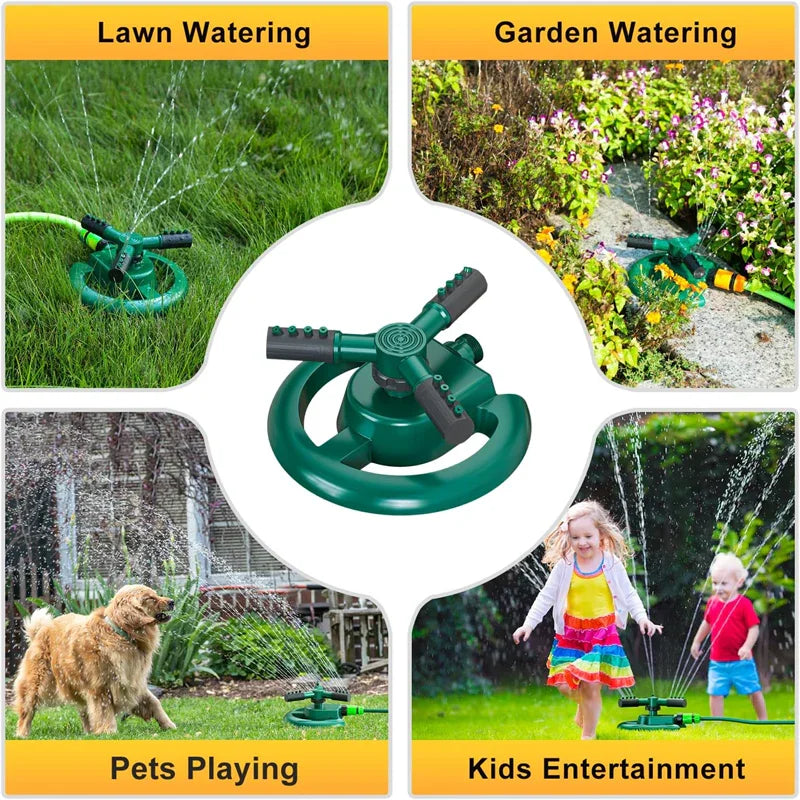 Green rotating sprinkler for lawn watering, garden watering, pet play, and kids' entertainment