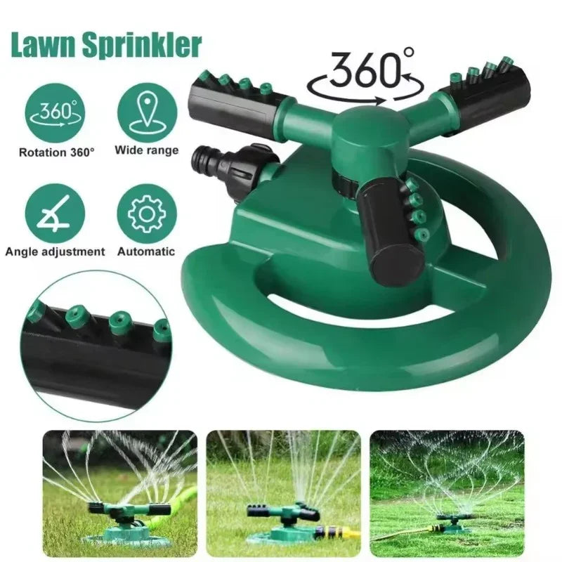 Green 360-degree rotating lawn sprinkler with adjustable angles and automatic watering feature
