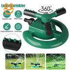 Green 360-degree rotating lawn sprinkler with adjustable angles and automatic watering feature