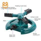 Green plastic garden sprinkler with rotating nozzle body, adjustable spray direction, and multiple nozzles