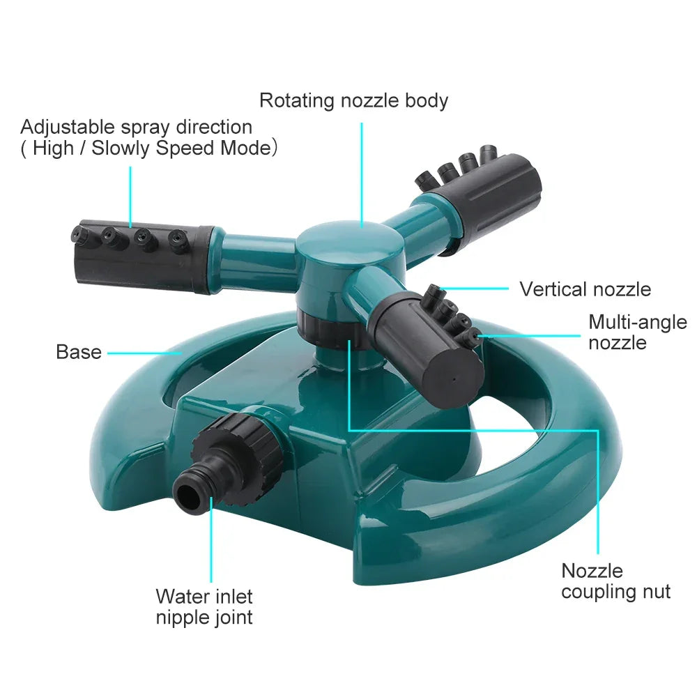 Green rotating sprinkler with adjustable spray nozzles, base, water inlet joint, and multi-angle vertical nozzles