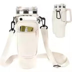 white insulated water bottle with removable cover and adjustable shoulder strap