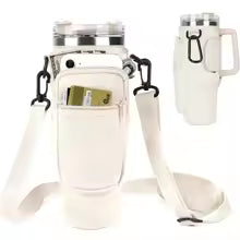 white insulated water bottle with removable cover and adjustable shoulder strap