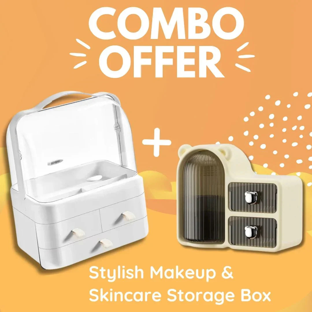 Combo offer stylish makeup and skincare storage boxes with drawers and compartments on orange background