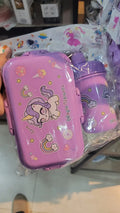 Purple kids lunchbox and water bottle set with magic unicorn and rainbow designs