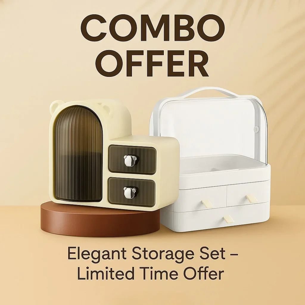 Combo offer featuring elegant beige and white storage organizers with drawers on brown pedestal