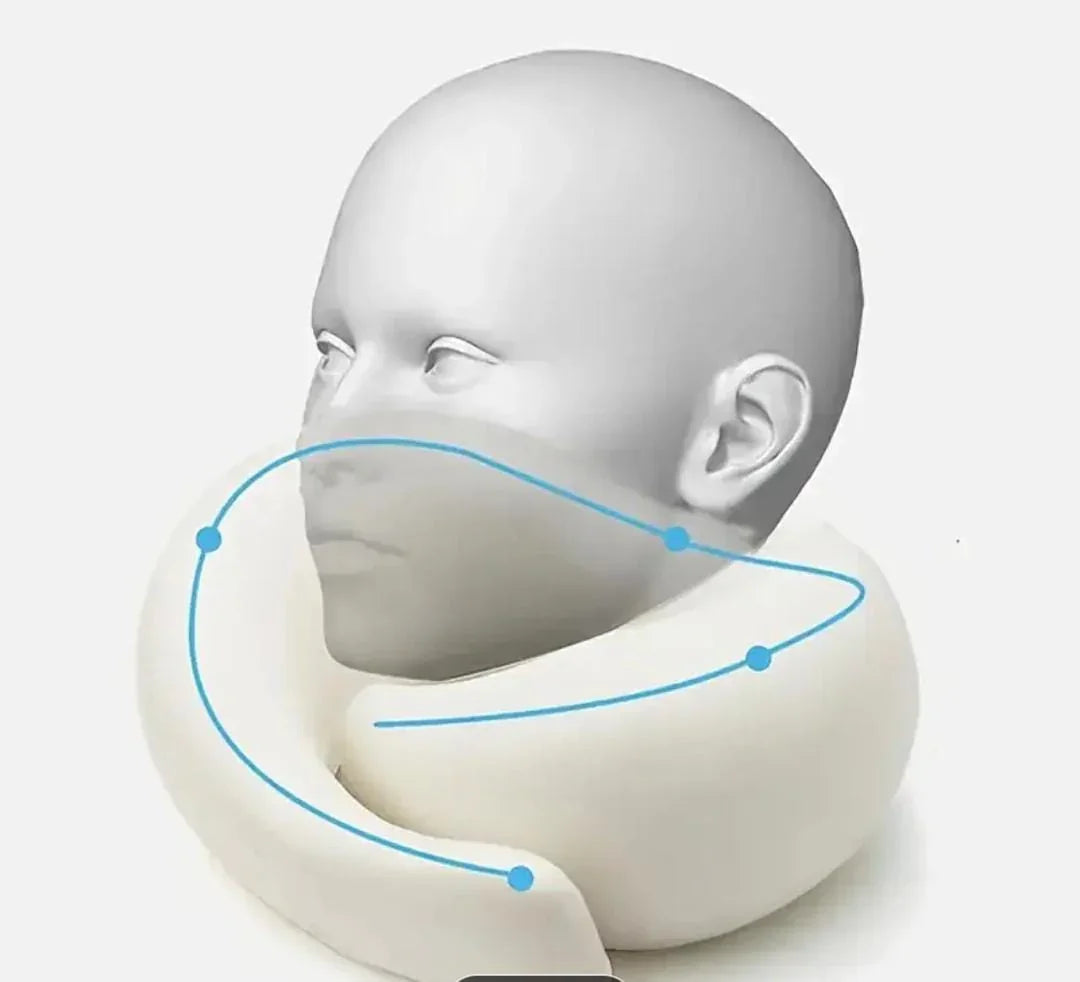 White inflatable travel neck pillow shown on a 3D head model against a plain background